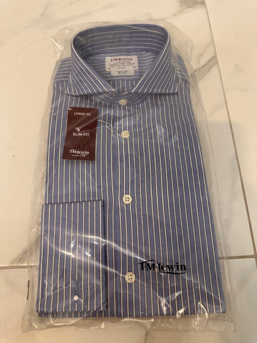 T.M. Lewin 100 Slim Fit Dress Shirt Blue Navy Stripe 15/34 NWT